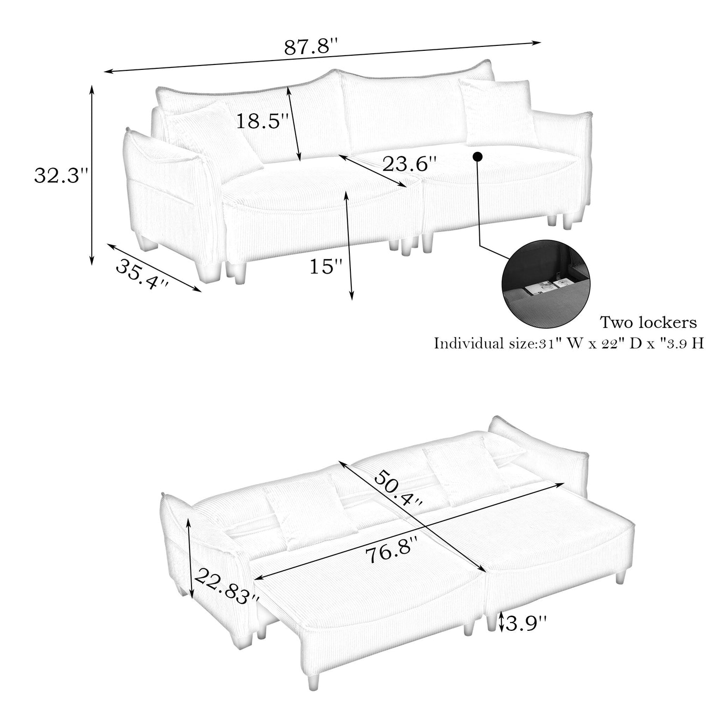 Green 87.79 Corduroy 3-seater Sofa Bed with Two Throw Pillows and Storage for Living Room