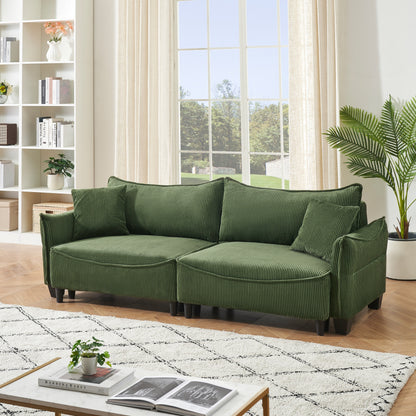 Green 87.79 Corduroy 3-seater Sofa Bed with Two Throw Pillows and Storage for Living Room