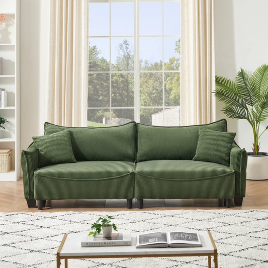 Green 87.79 Corduroy 3-seater Sofa Bed with Two Throw Pillows and Storage for Living Room
