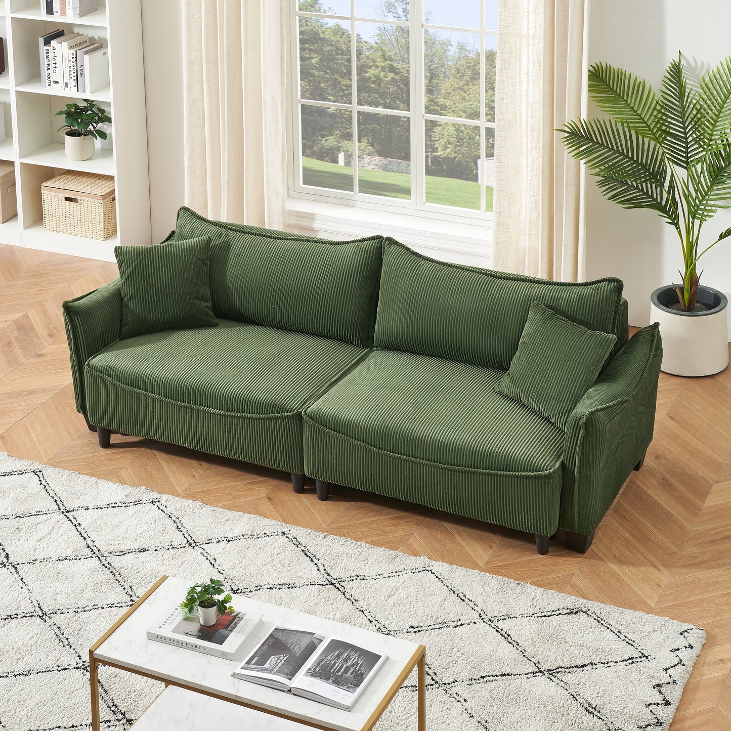 Green 87.79 Corduroy 3-seater Sofa Bed with Two Throw Pillows and Storage for Living Room