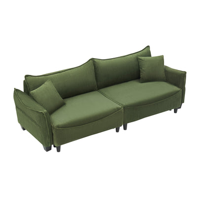 Green 87.79 Corduroy 3-seater Sofa Bed with Two Throw Pillows and Storage for Living Room