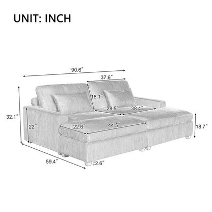 Green 90'' Corduroy 2-Seater Sleeper Sofa with Removable Cushions, 2 Pillows, and Detachable Ottomans