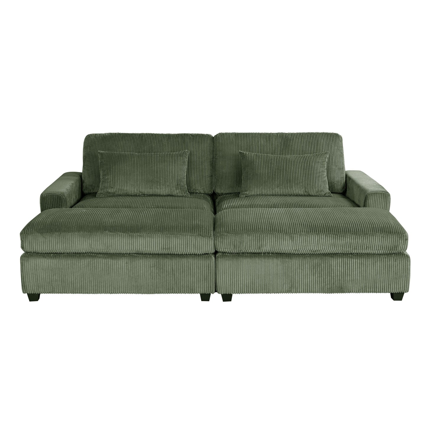 Green 90'' Corduroy 2-Seater Sleeper Sofa with Removable Cushions, 2 Pillows, and Detachable Ottomans