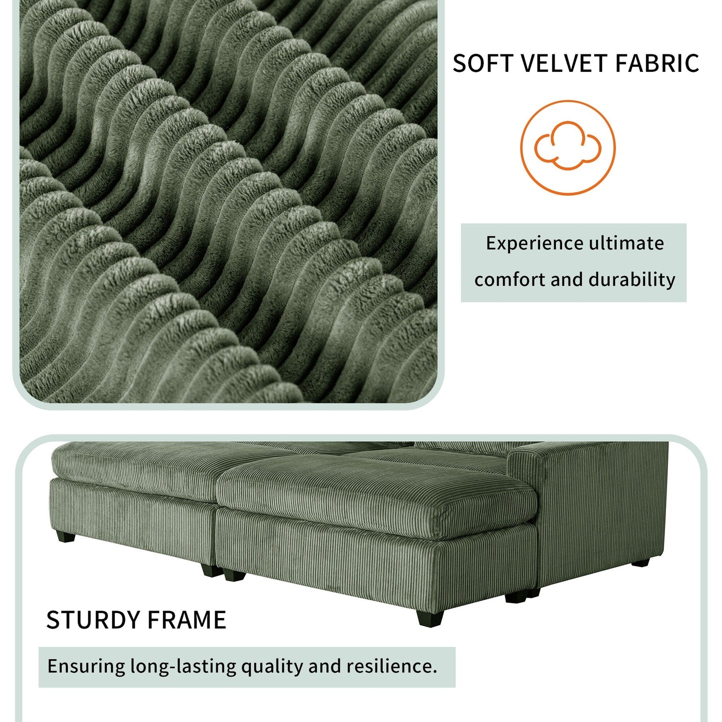Green 90'' Corduroy Sleeper Sofa with Detachable Ottomans, Two Cushions, and Storage Space