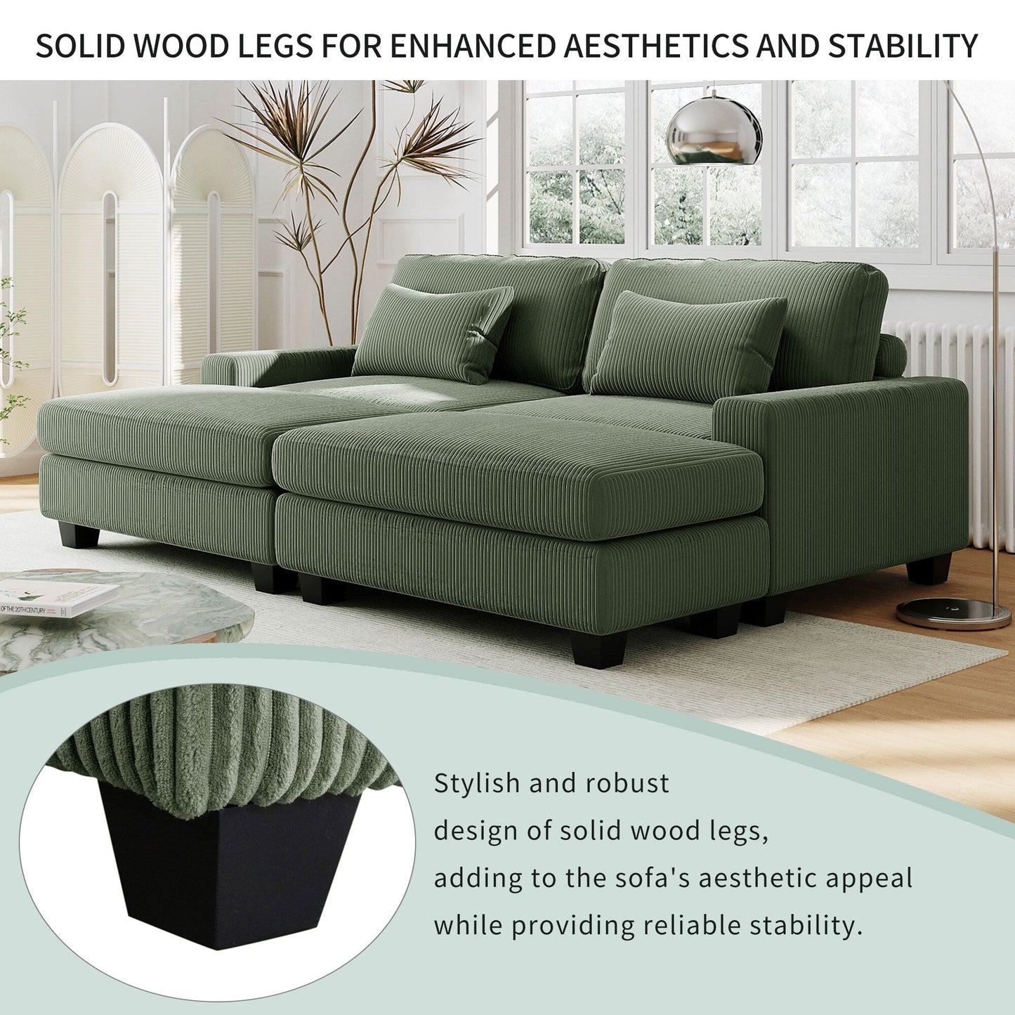Green 90'' Corduroy Sleeper Sofa with Detachable Ottomans, Two Cushions, and Storage Space
