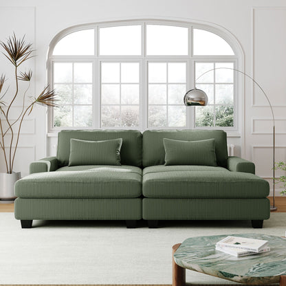 Green 90'' Corduroy Sleeper Sofa with Detachable Ottomans, Two Cushions, and Storage Space