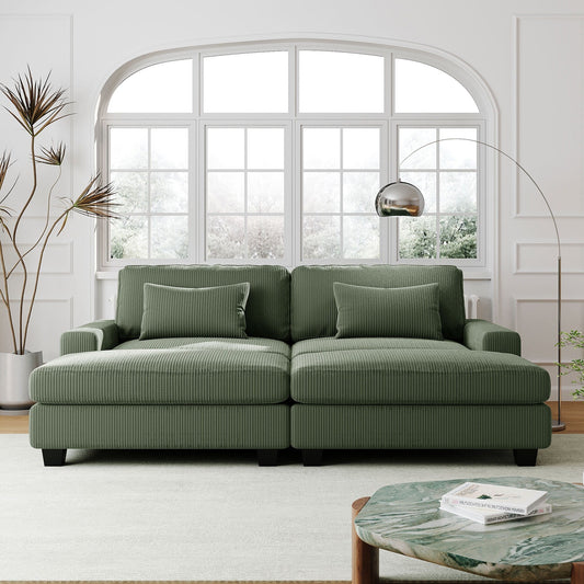 Green 90'' Polyester 2 Seater Sofa Couch with Removable Back Cushions, 2 Pillows and Detachable Ottomans for Living Room