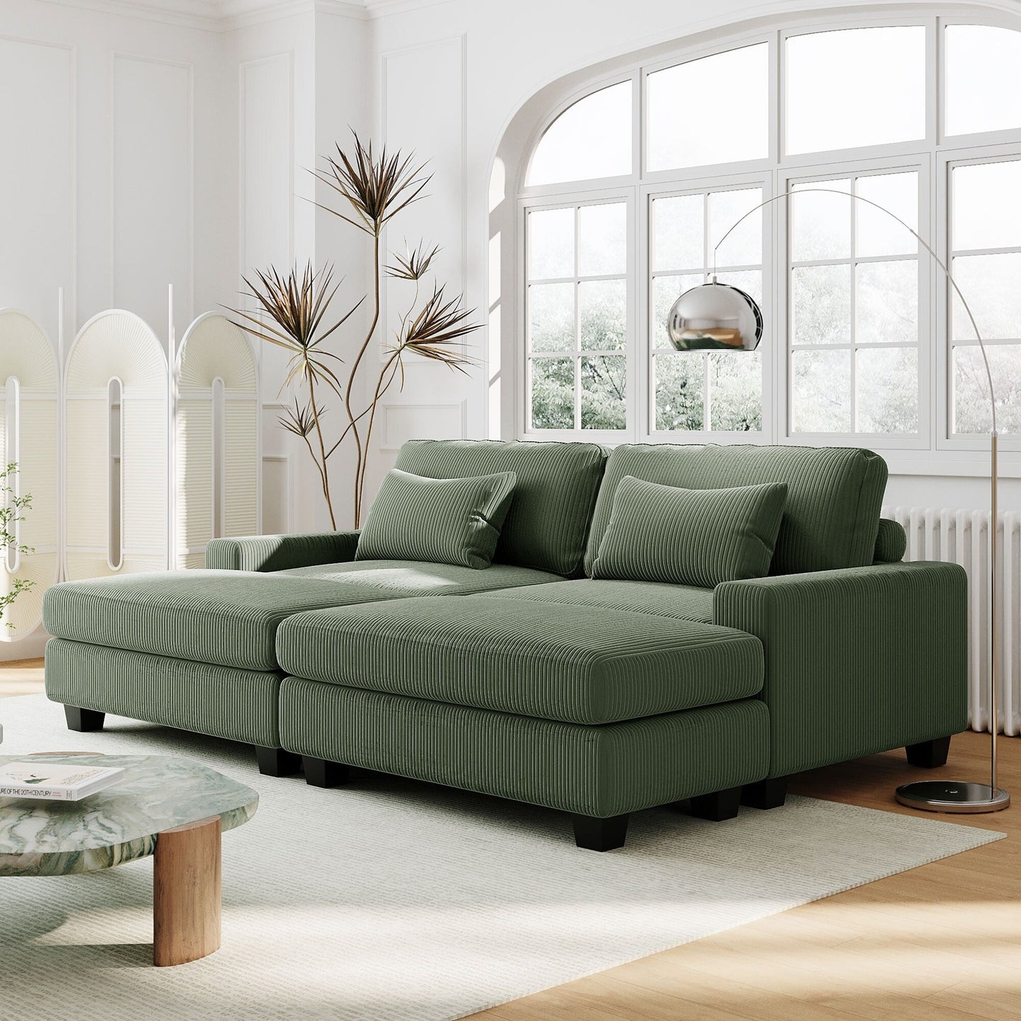Green 90'' Polyester 2-Seater Sofa with Removable Back Cushions and Detachable Ottomans