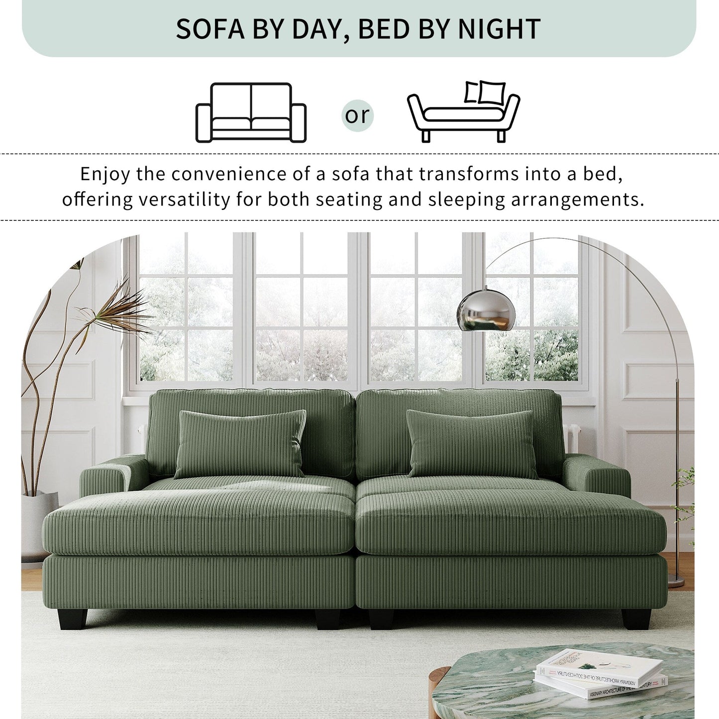 Green 90'' Polyester 2-Seater Sofa with Removable Back Cushions and Detachable Ottomans