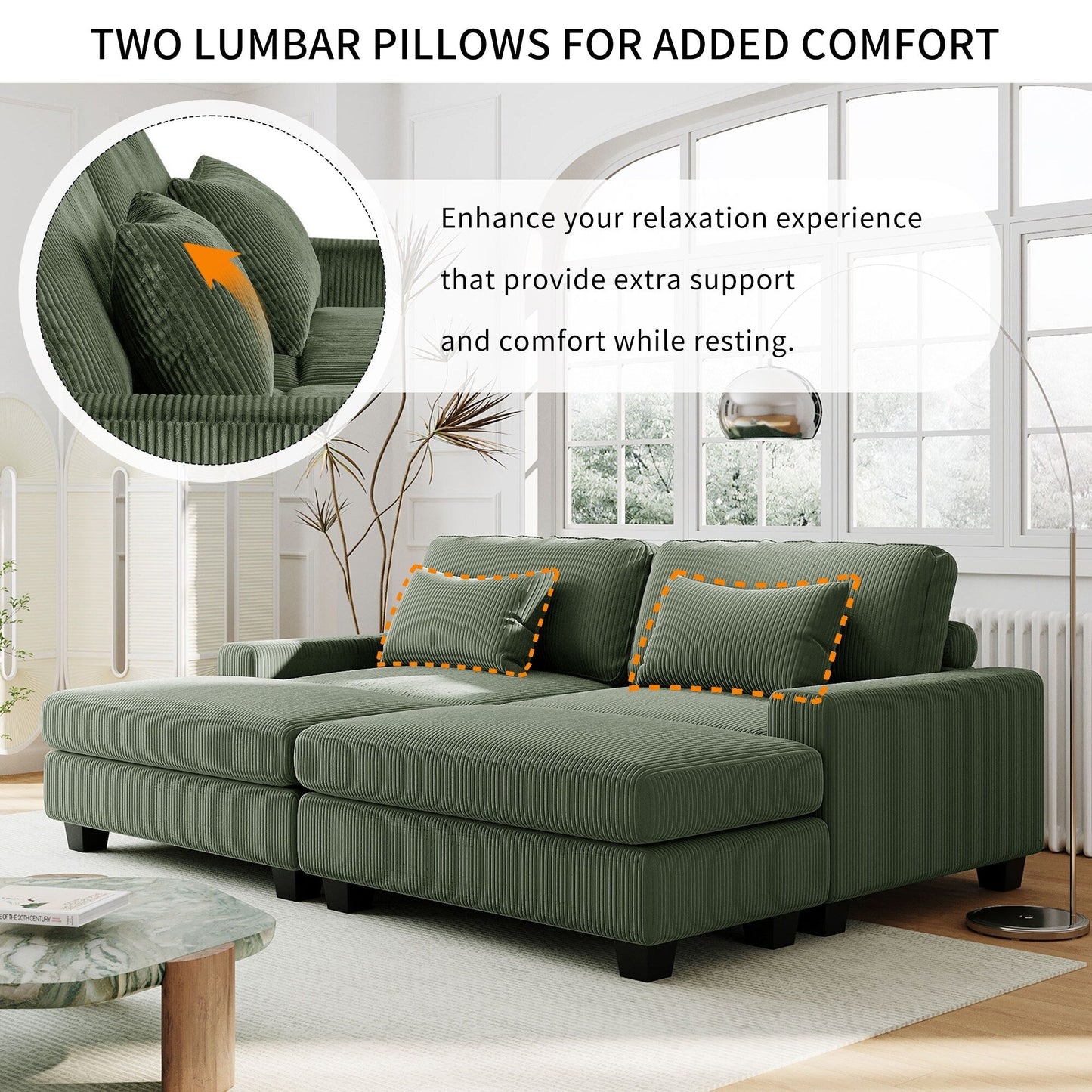 Green 90'' Polyester 2-Seater Sofa with Removable Back Cushions and Detachable Ottomans