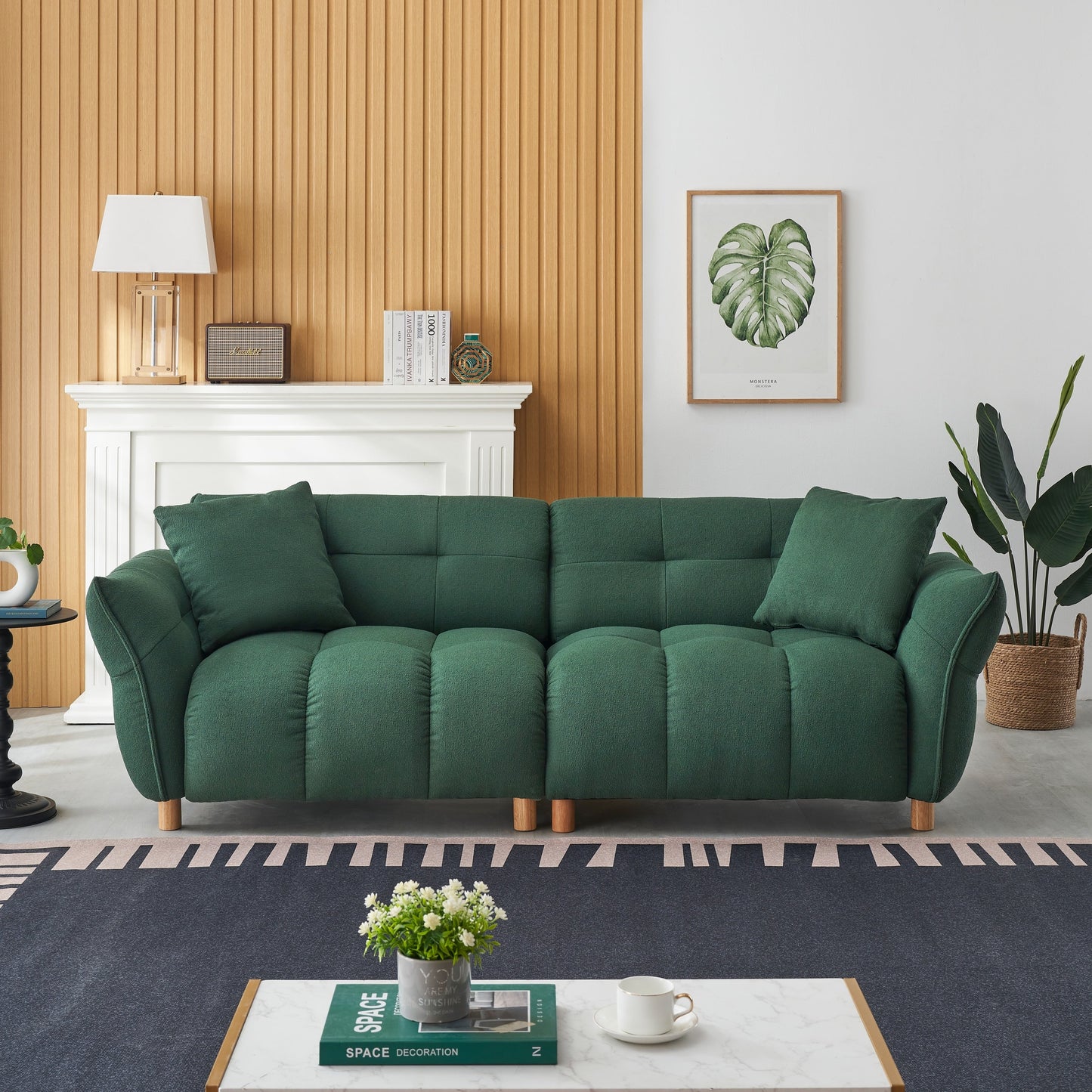 Green 93.70 Teddy Fabric Upholstered 3-seater Sofa with Two Matching Pillows for Living Room