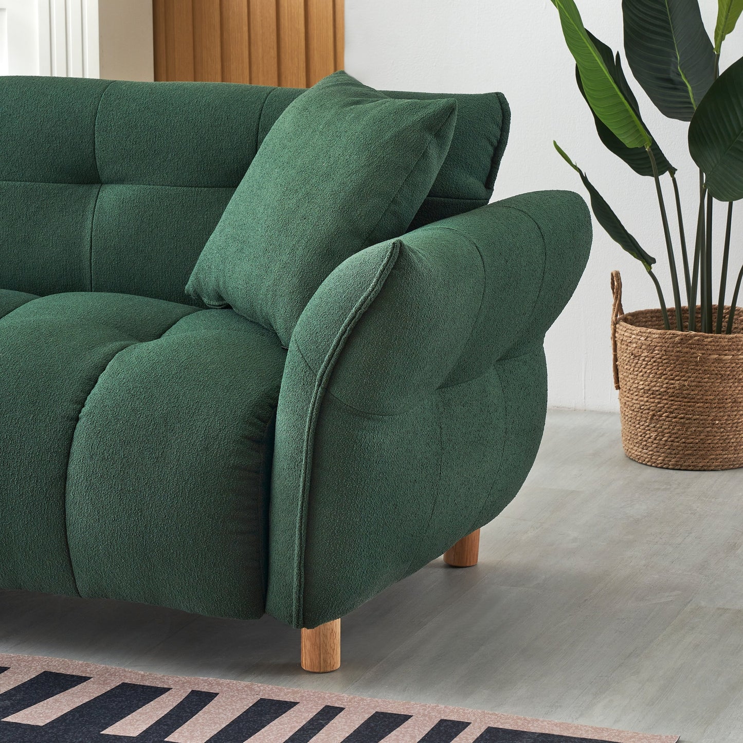 Green 93.70 Teddy Fabric Upholstered 3-seater Sofa with Two Matching Pillows for Living Room