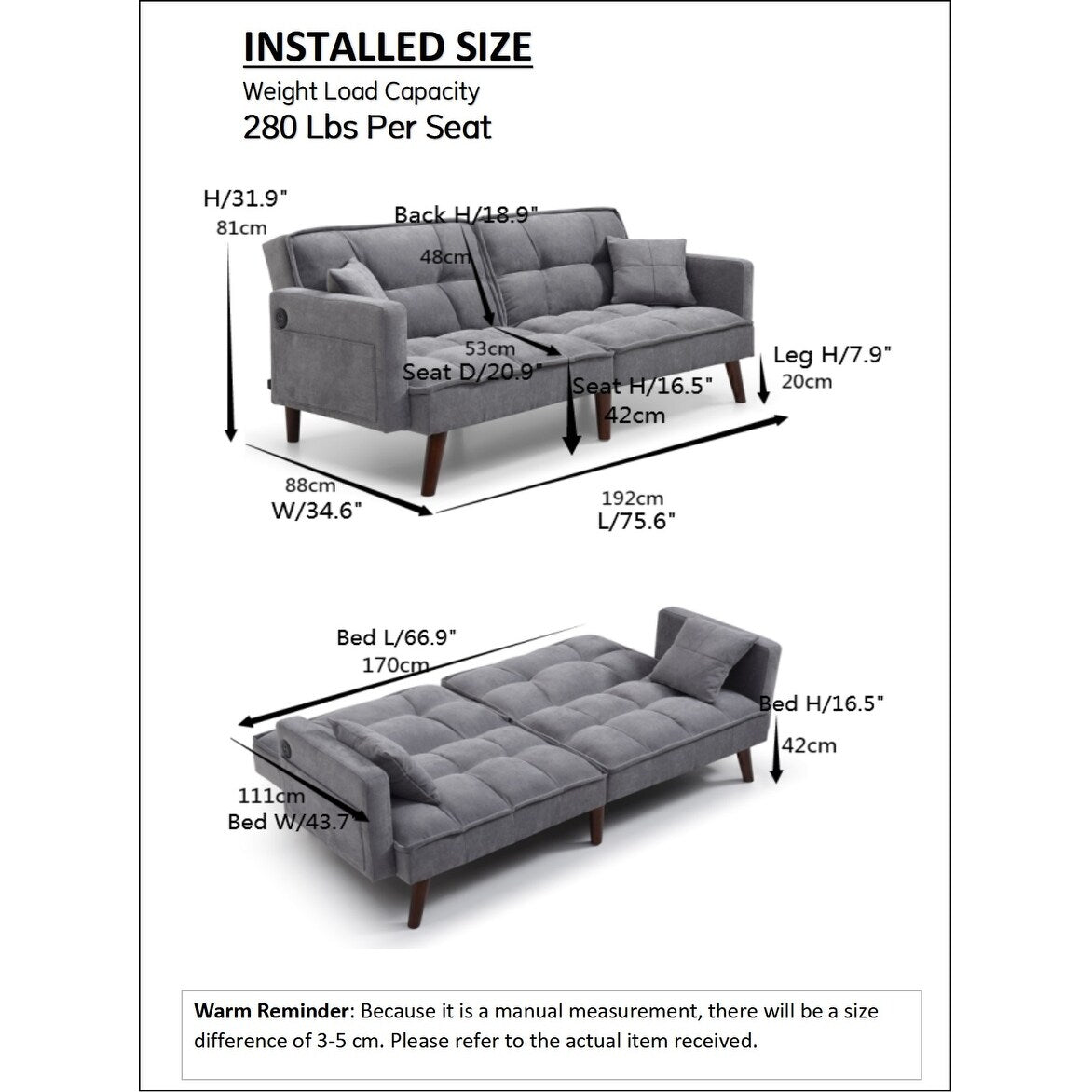 Green Chenille Loveseat Sofa Bed with USB Charging Port
