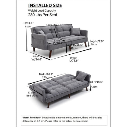 Green Chenille Loveseat Sofa Bed with USB Charging Port