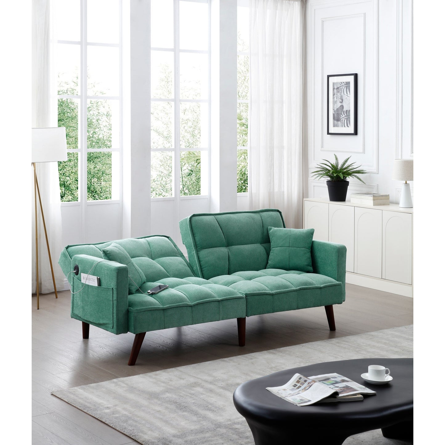 Green Chenille Loveseat Sofa Bed with USB Charging Port