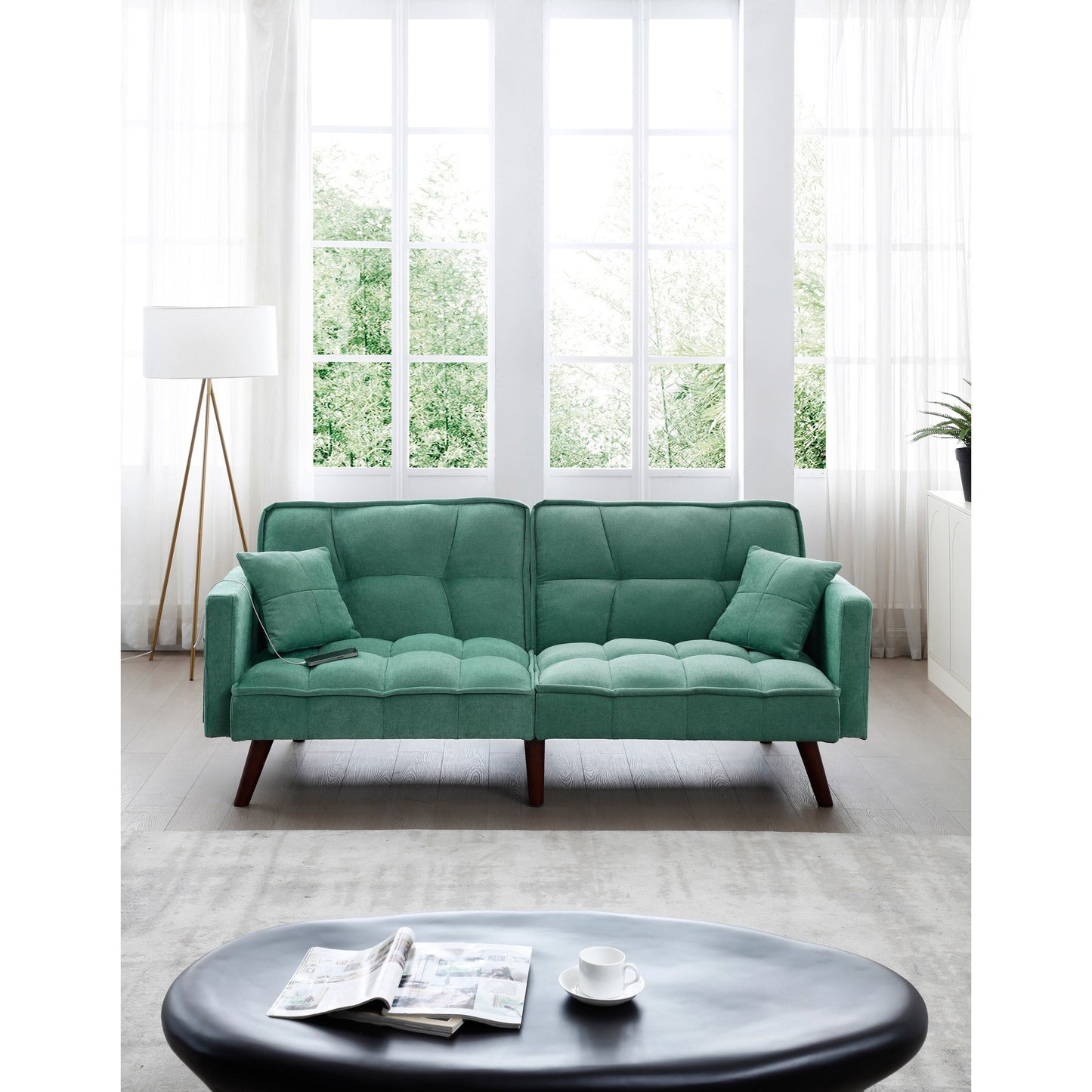 Green Chenille Loveseat Sofa Bed with USB Charging Port
