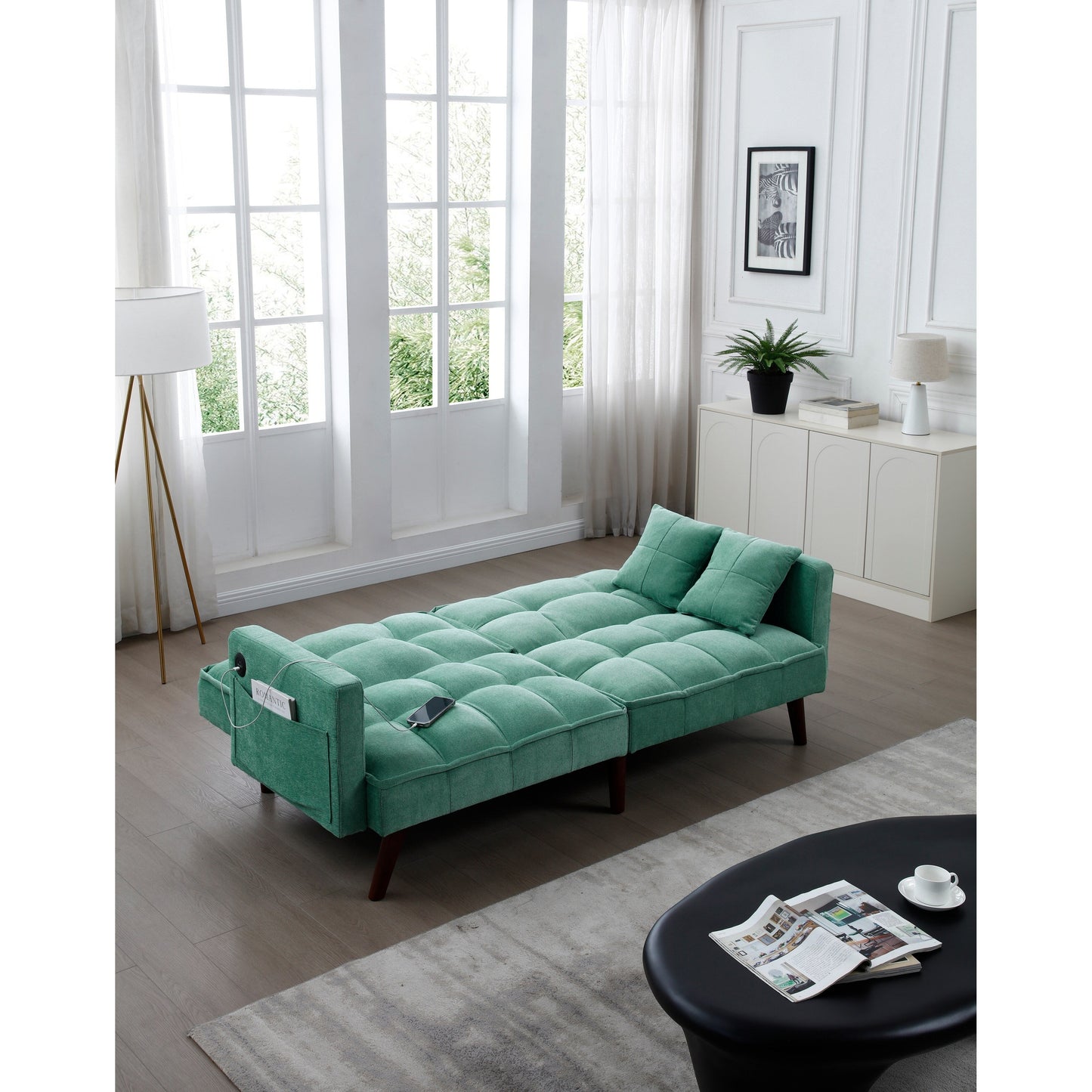 Green Chenille Loveseat Sofa Bed with USB Charging Port