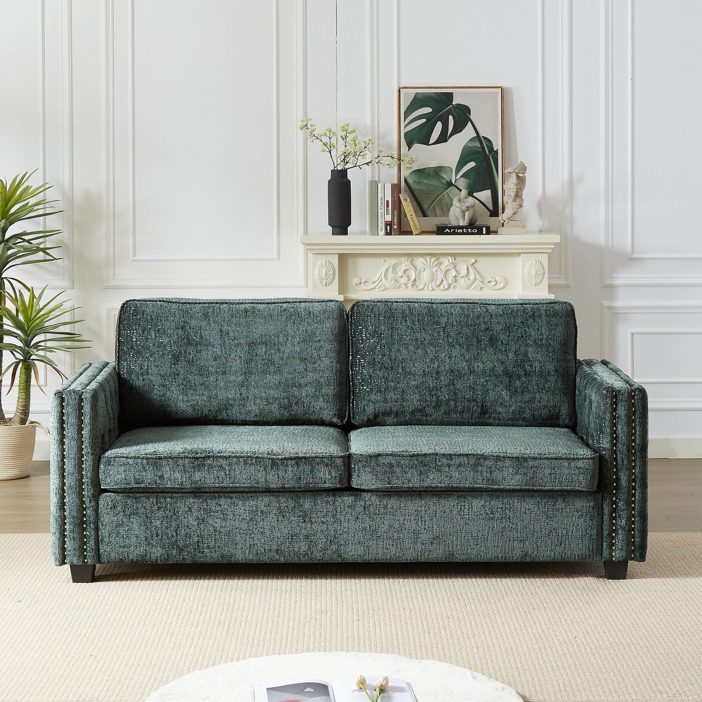 Green Chenille Sleeper Sofa with Memory Foam Mattress