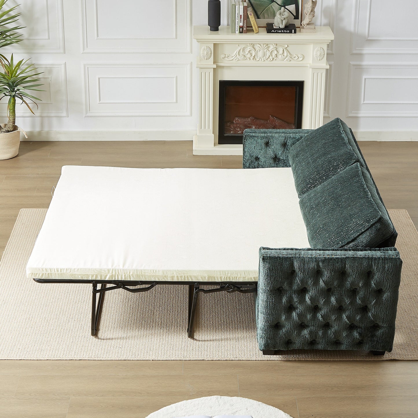 Green Chenille Sleeper Sofa with Memory Foam Mattress