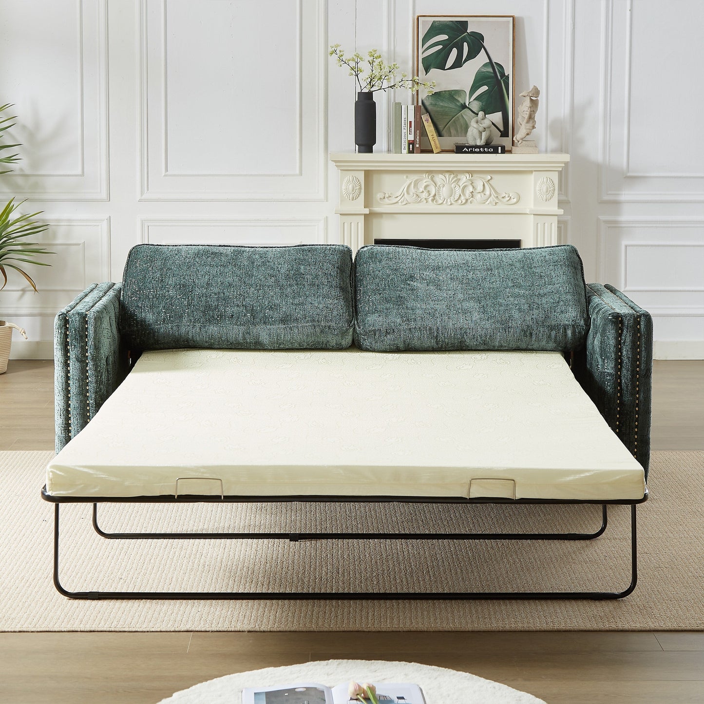 Green Chenille Sleeper Sofa with Memory Foam Mattress