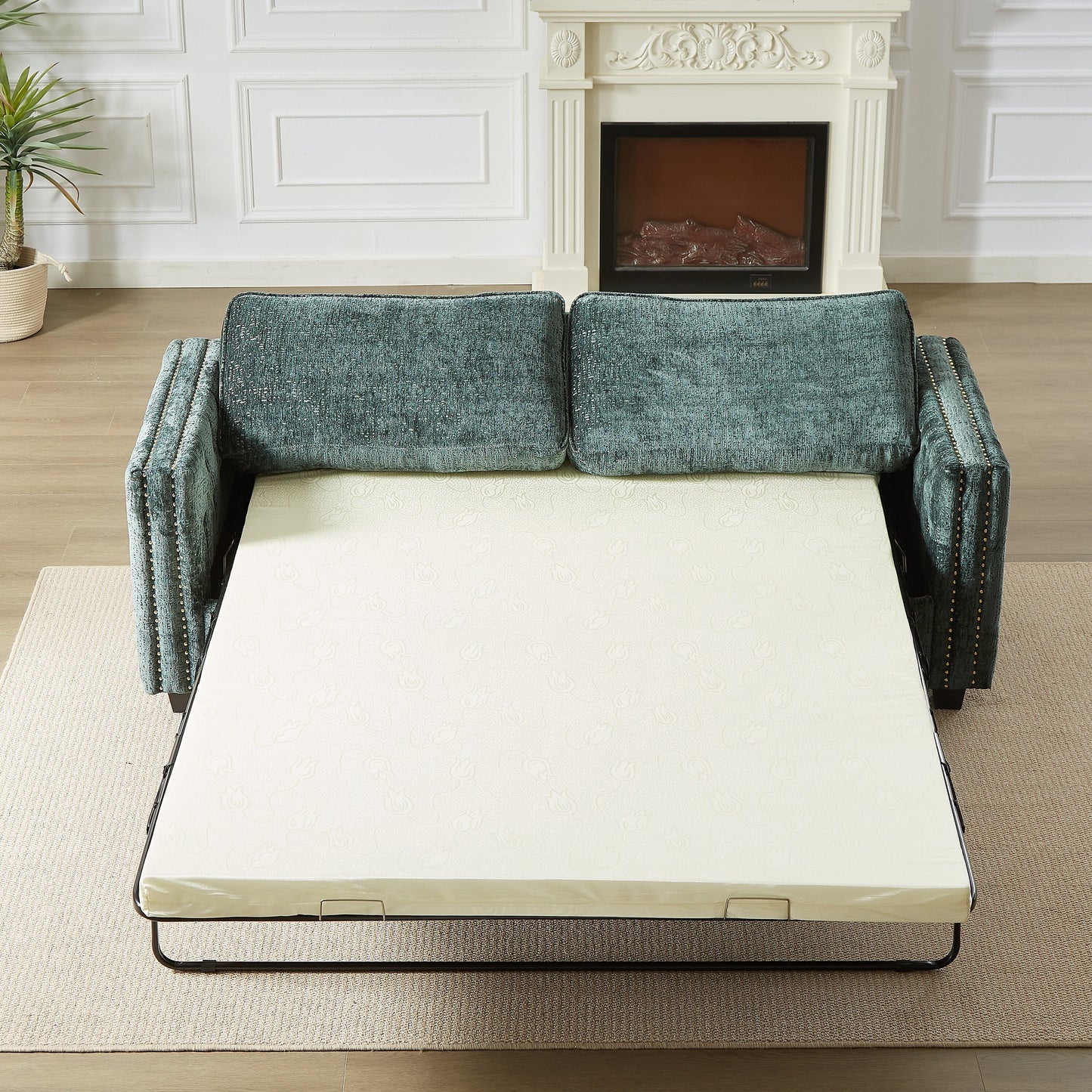 Green Chenille Sleeper Sofa with Memory Foam Mattress