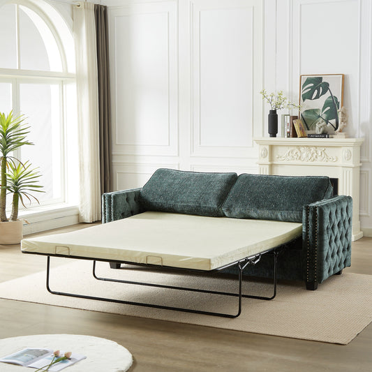 Green Chenille Sleeper Sofa with Memory Foam Mattress