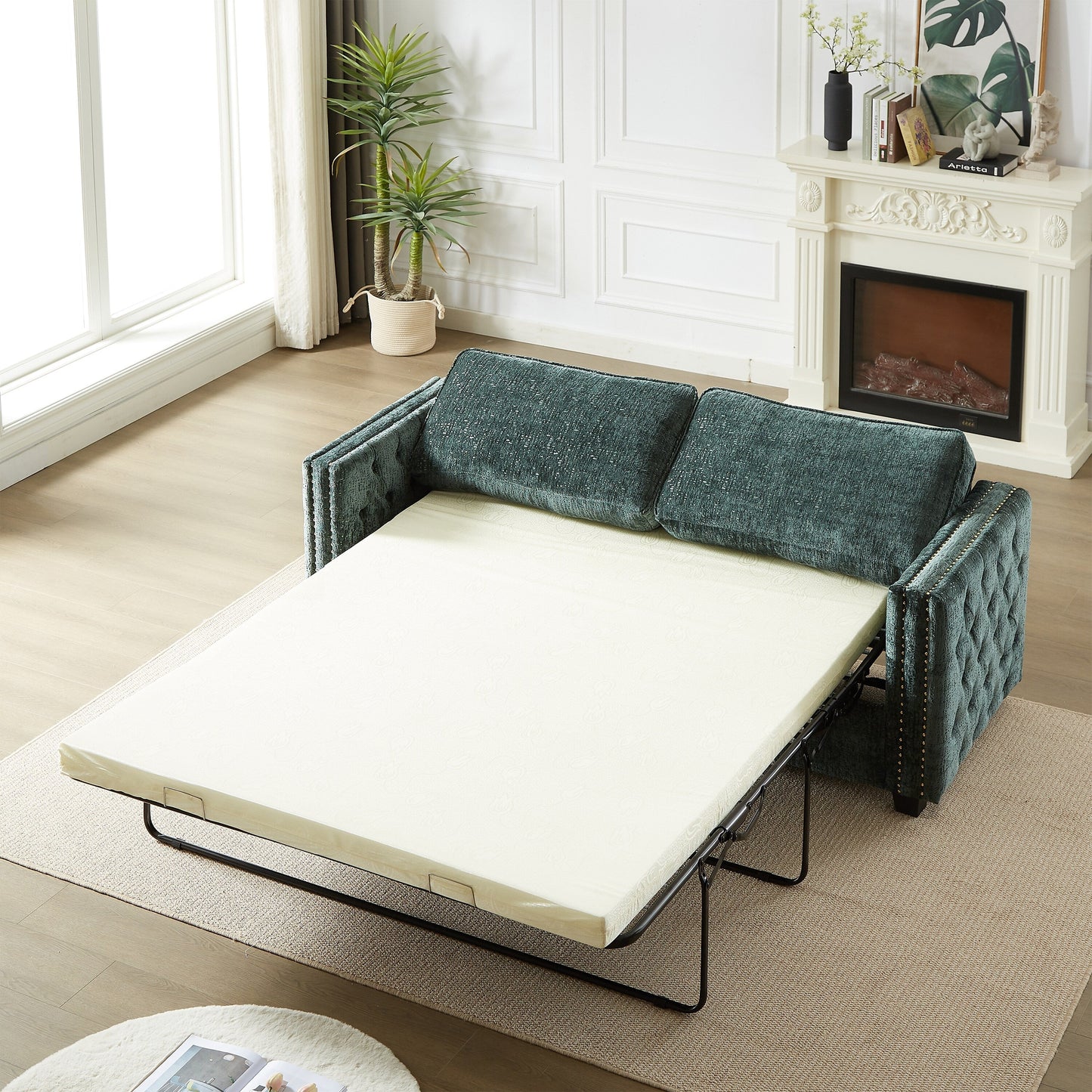 Green Chenille Sleeper Sofa with Memory Foam Mattress