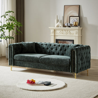 Green Chenille Tufted Upholstered 3-seater Sofa with Metal Legs
