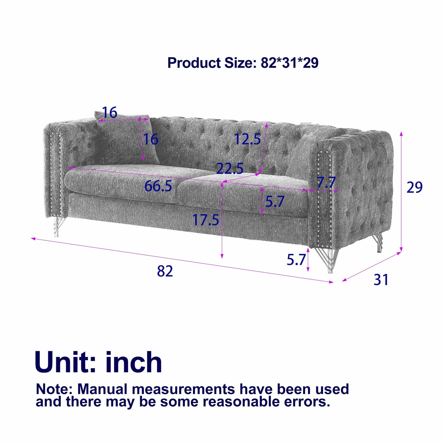 Green Chenille Tufted Upholstered 3-seater Sofa with Metal Legs