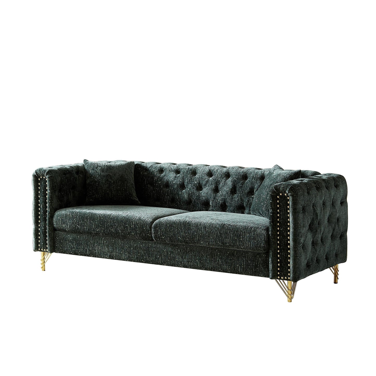 Green Chenille Tufted Upholstered 3-seater Sofa with Metal Legs