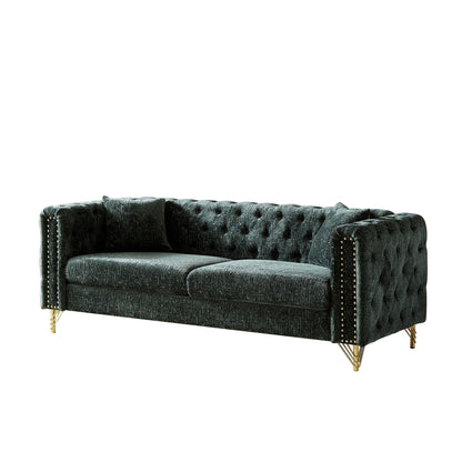 Green Chenille Tufted Upholstered 3-seater Sofa with Metal Legs