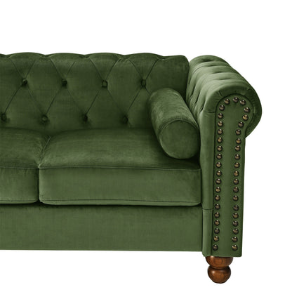 Green Chesterfield 74.5 Button Tufted Upholstered 3-seater Sofa with Nailheads and Pillows for Living Room