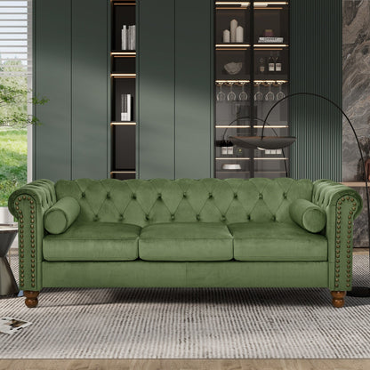 Green Chesterfield 74.5 Button Tufted Upholstered 3-seater Sofa with Nailheads and Pillows for Living Room