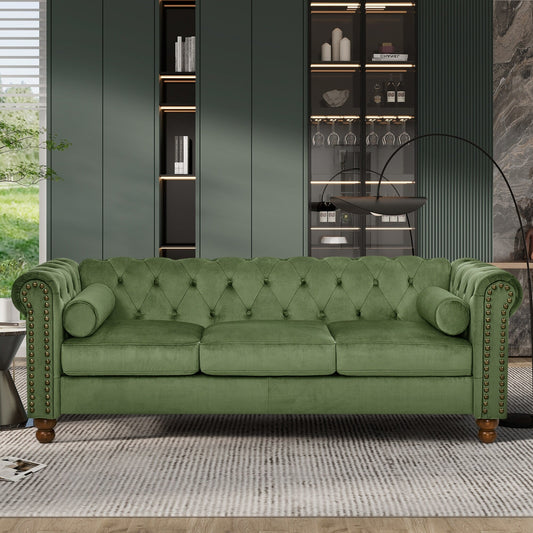 Green Chesterfield 74.5 Button Tufted Upholstered 3-seater Sofa with Nailheads and Pillows for Living Room