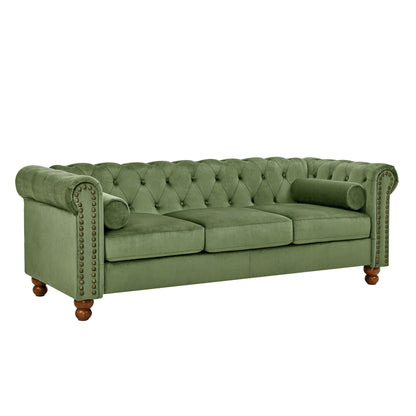 Green Chesterfield 74.5 Button Tufted Upholstered 3-seater Sofa with Nailheads and Pillows for Living Room