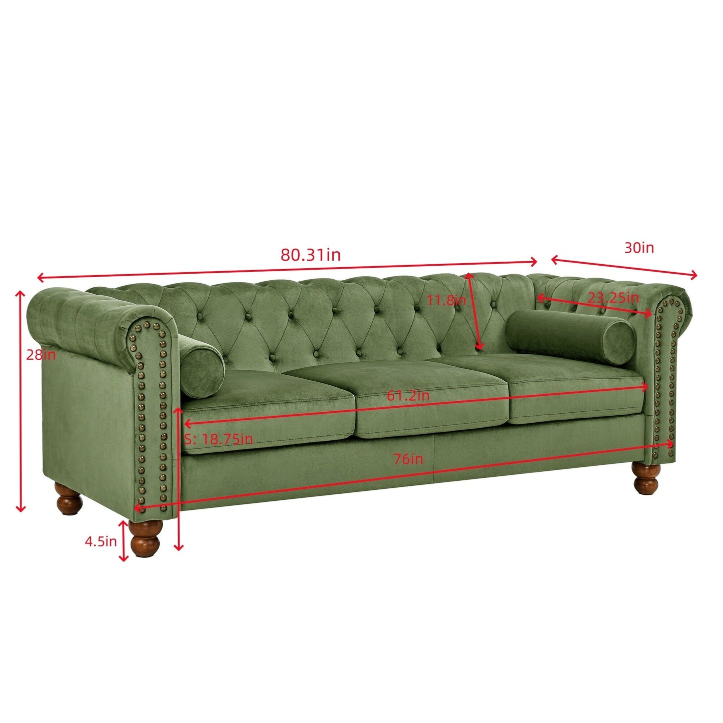 Green Chesterfield 74.5 Button Tufted Upholstered 3-seater Sofa with Nailheads and Pillows for Living Room
