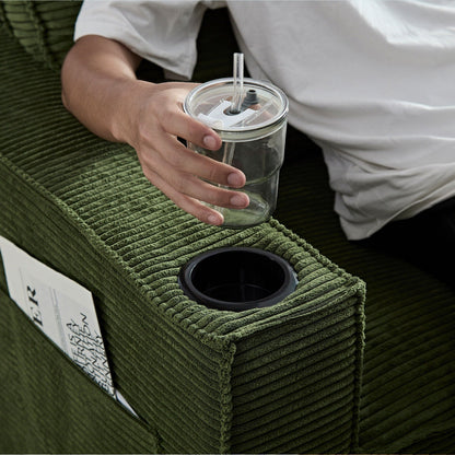 Green Corduroy 3-seater Sofa with Cup Holder and Storage
