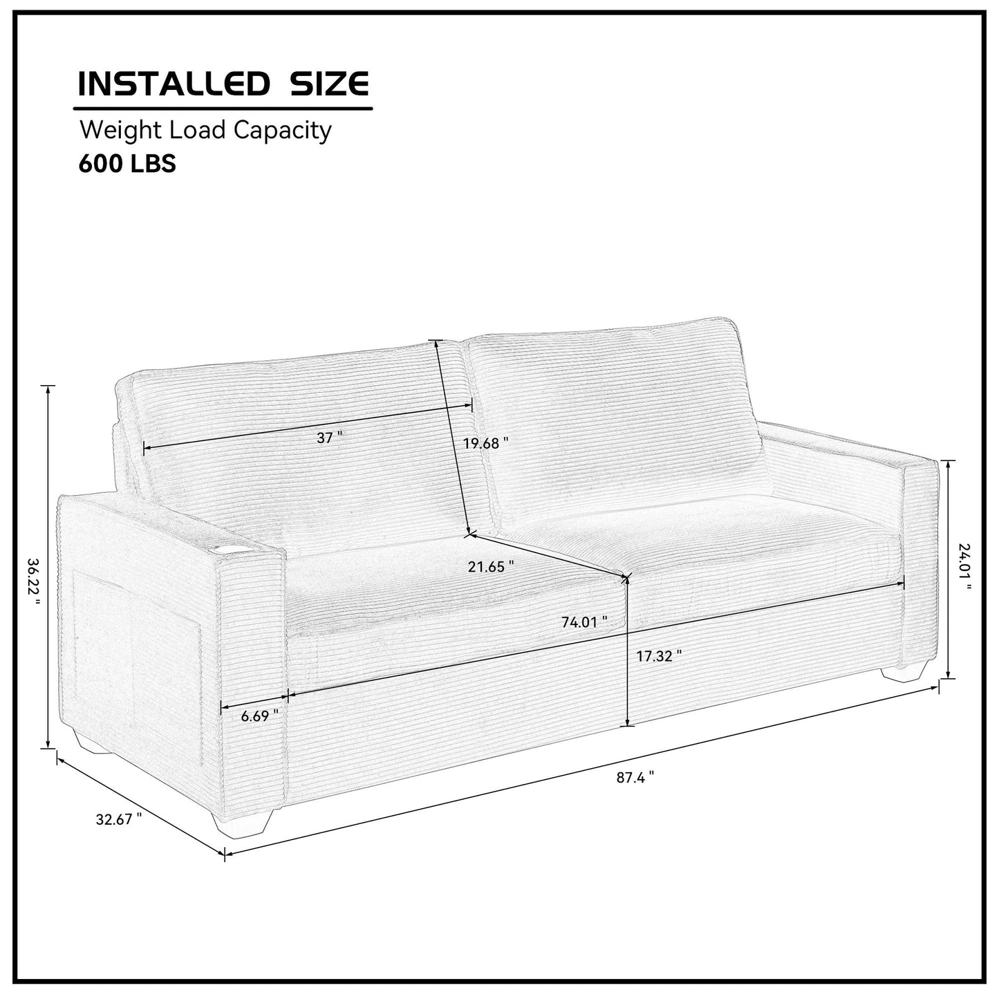Green Corduroy 3-seater Sofa with Cup Holder and Storage