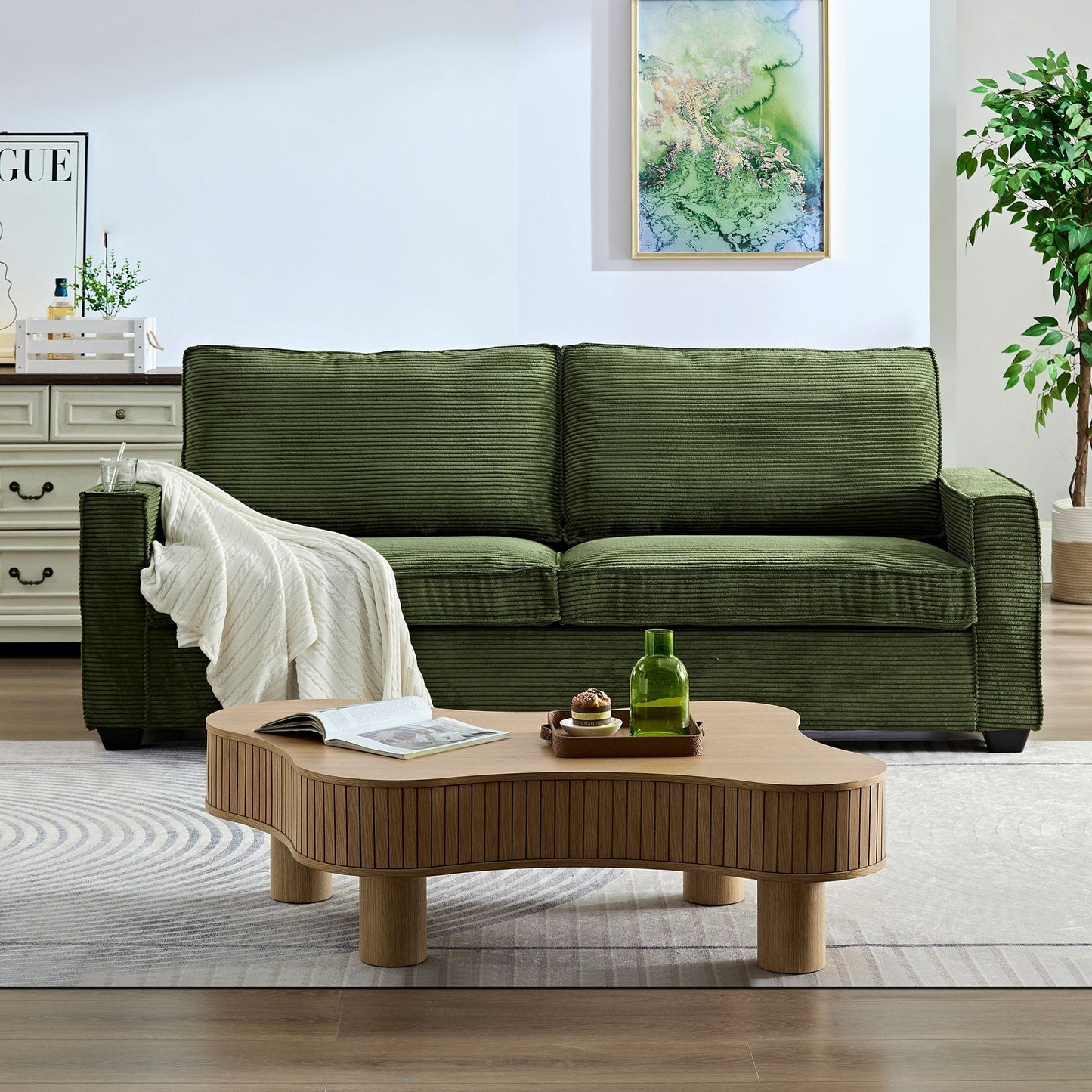 Green Corduroy 3-seater Sofa with Cup Holder and Storage