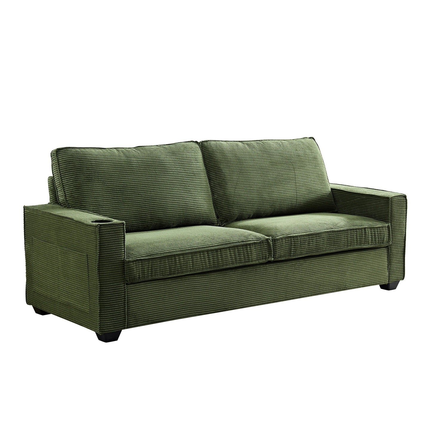 Green Corduroy 3-seater Sofa with Cup Holder and Storage