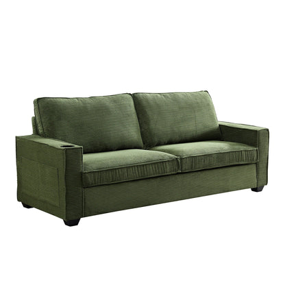 Green Corduroy 3-seater Sofa with Cup Holder and Storage