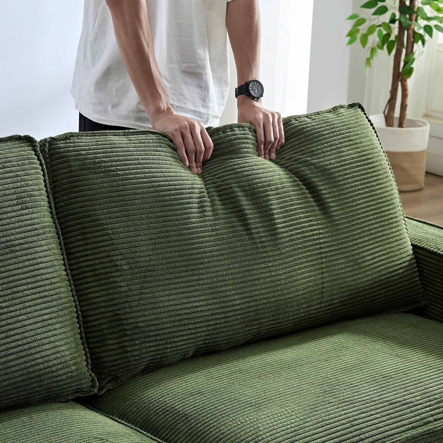 Green Corduroy 3-seater Sofa with Cup Holder and Storage