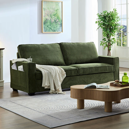 Green Corduroy 3-seater Sofa with Cup Holder and Storage