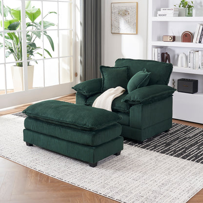 Green Corduroy Single Deep Seat Sofa with Ottoman