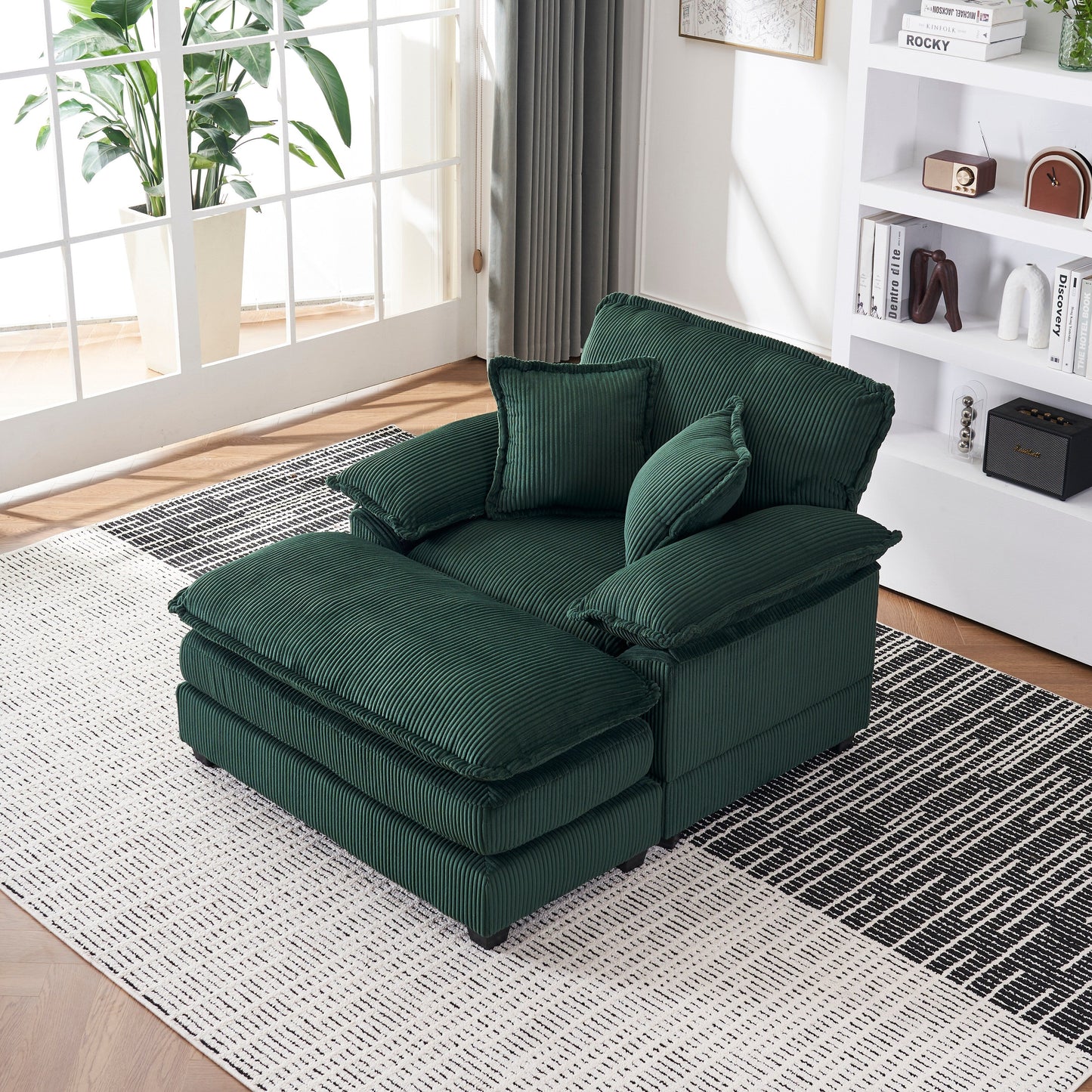 Green Corduroy Single Deep Seat Sofa with Ottoman