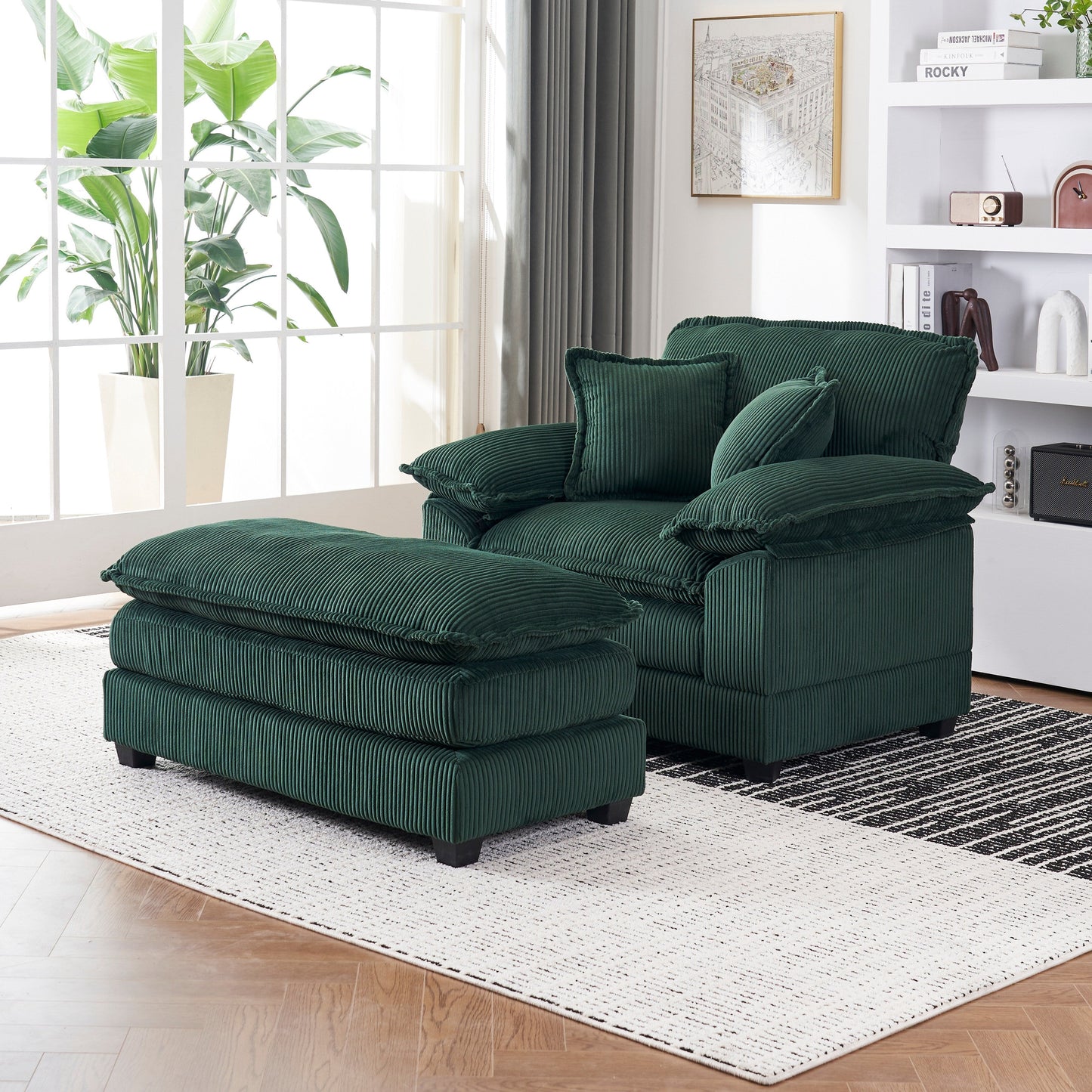 Green Corduroy Single Deep Seat Sofa with Ottoman