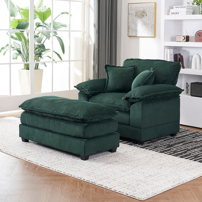Green Corduroy Single Deep Seat Sofa with Ottoman
