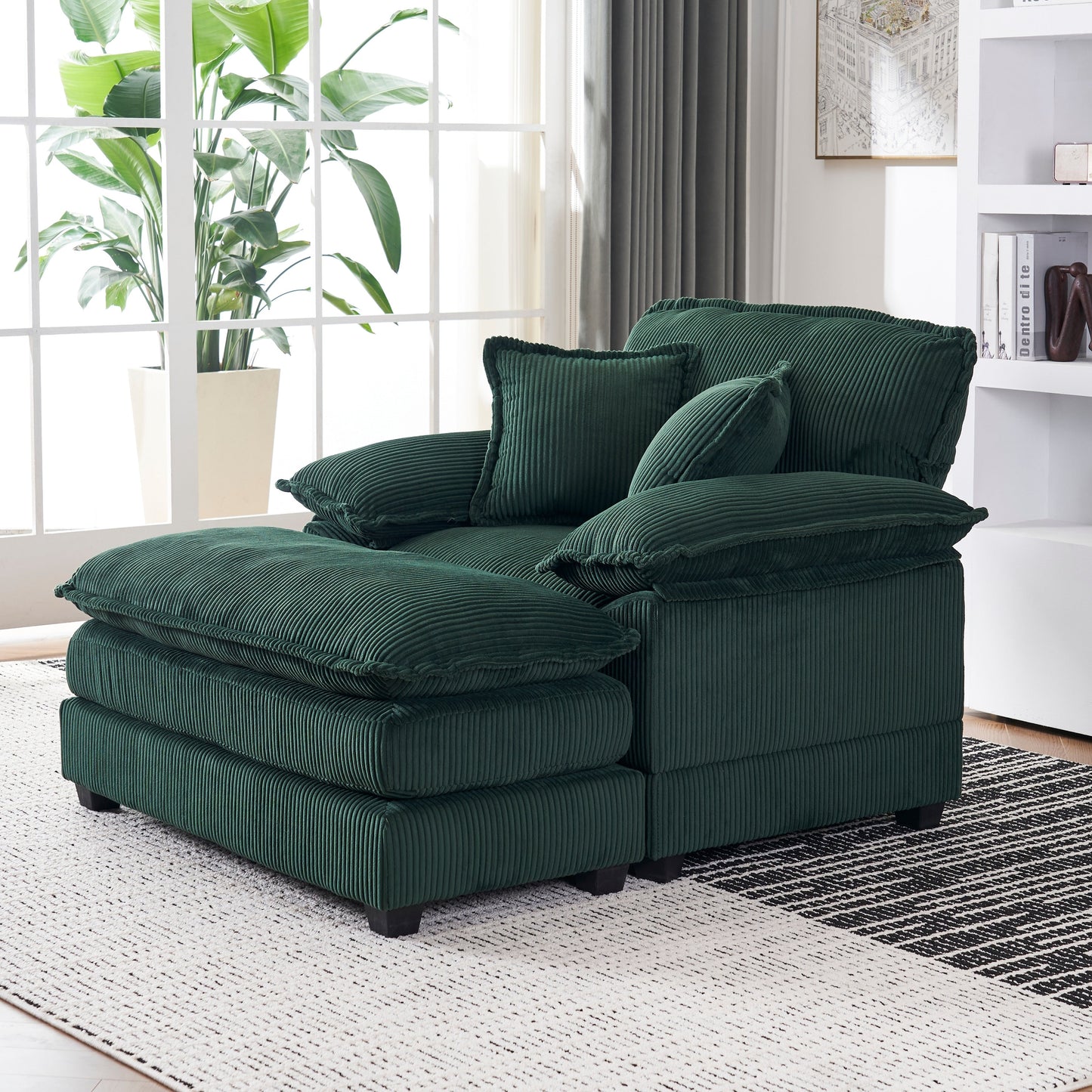 Green Corduroy Single Deep Seat Sofa with Ottoman