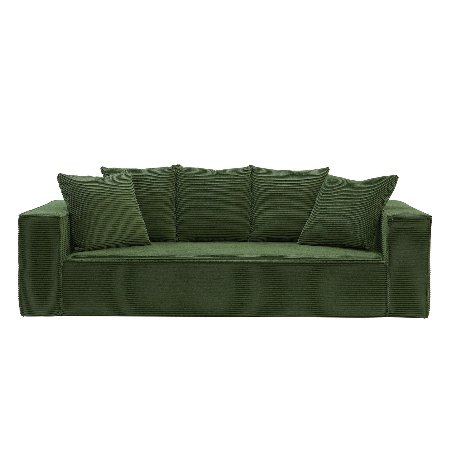 Green Corduroy Upholstered 3-seater Sofa with 5 Toss Pillows