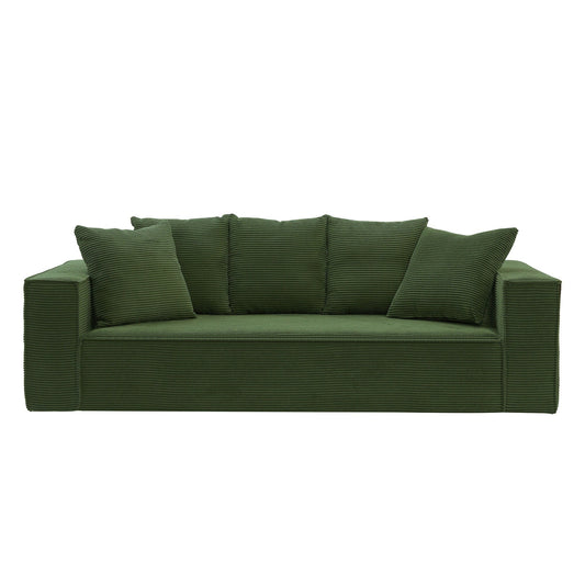 Green Corduroy Upholstered 3-seater Sofa with 5 Toss Pillows
